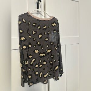 White Birch Leopard Print Blouse with Sequin Pocket